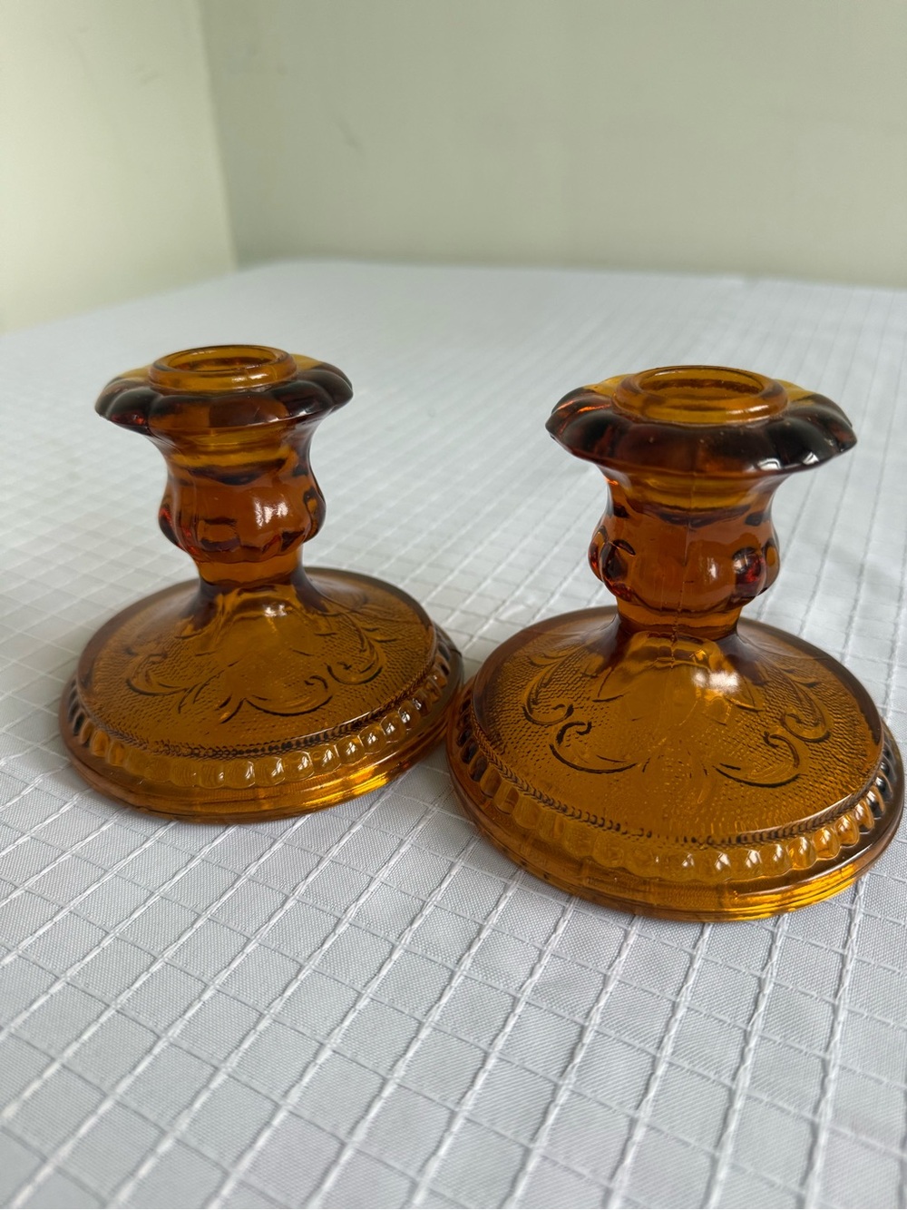 (2) Vintage Indiana Amber Glass Candle Holders, Sandwich Pattern Tiara